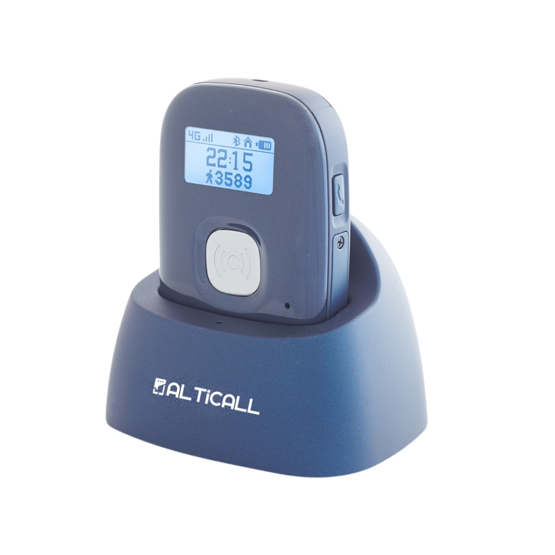 Présentation de la balise Isoprotec-180d'Alticall sur son socle bleu, et la balise, un petit boitier bleu avec écran et bouton central d'alerte