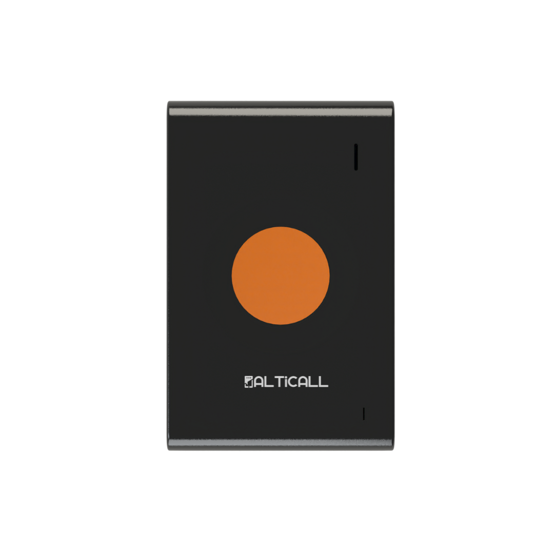Présentation de face de la balise Isoprotec-360 d'Alticall, boitier noir avec un bouton central d'alerte orange